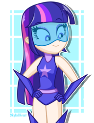 Size: 1448x1888 | Tagged: safe, artist:skyfallfrost, twilight sparkle, equestria girls, g4, boots, clothes, gloves, human coloration, legs together, leotard, magic gaia, shoes, solo, super suit, superhero, thigh boots, visor