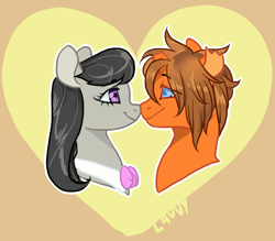 Size: 800x700 | Tagged: safe, artist:lavvythejackalope, octavia melody, oc, earth pony, pony, unicorn, g4, broken horn, bust, canon x oc, commission, eyelashes, female, heart, horn, looking at each other, male, mare, signature, smiling, stallion, unicorn oc, ych result