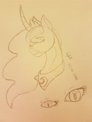 Size: 3024x4032 | Tagged: safe, artist:agdapl, princess luna, alicorn, pony, g4, bust, curved horn, eyelashes, female, horn, jewelry, lineart, mare, peytral, solo, tiara, traditional art