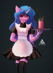 Size: 590x812 | Tagged: safe, artist:delta hronum, izzy moonbow, unicorn, anthro, g5, alternate hairstyle, clothes, cup, cute, drink, eyelashes, female, glass, hand behind back, heart eyes, izzybetes, looking at you, maid, mare, open mouth, skirt, socks, solo, straw, thigh highs, tray, wingding eyes, wrist cuffs