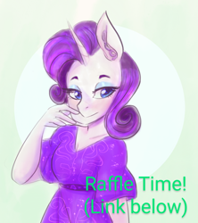Size: 866x975 | Tagged: safe, artist:mimiporcellini, rarity, anthro, g4, advertisement, female, raffle, solo