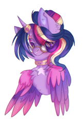 Size: 484x749 | Tagged: safe, artist:heartbloodlovesart, twilight sparkle, alicorn, pony, g4, alternate design, alternate hairstyle, bust, chest fluff, choker, clest fluff, colored wings, ear fluff, eye clipping through hair, eyebrows, eyebrows visible through hair, female, glasses, hair bun, horn, horn ring, mare, rainbow power, ring, simple background, solo, twilight sparkle (alicorn), white background, wings