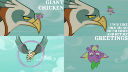 Size: 1280x720 | Tagged: safe, edit, edited screencap, editor:quoterific, screencap, rarity, spike, zecora, bird, dragon, eagle, roc, g4, molt down, cloud, flying, male, open mouth, rukh, winged spike, wings