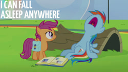 Size: 1280x720 | Tagged: safe, edit, edited screencap, editor:quoterific, screencap, rainbow dash, scootaloo, pegasus, pony, g4, parental glideance, season 7, bag, book, duo, duo female, female, filly, mare, nose in the air, open mouth, saddle bag, sleeping, volumetric mouth