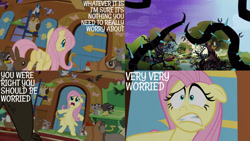 Size: 1280x720 | Tagged: safe, edit, edited screencap, editor:quoterific, screencap, fluttershy, bear, bird, chicken, duck, owl, pegasus, pony, rabbit, raccoon, g4, princess twilight sparkle (episode), season 4, animal, butt, female, floppy ears, fluttershy's cottage, mare, plot, scared