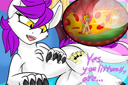 Size: 1800x1200 | Tagged: safe, artist:noblebrony317, oc, oc:cynthia, dracony, dragon, food pony, hybrid, pony, caress, dialogue, eaten alive, endosoma, food, internal, meat, mucous, mucus, non-fatal vore, pepperoni, pepperoni pizza, pizza, ponified, rugae, slimy, stomach, stomach acid, stomach walls, vore