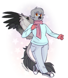 Size: 443x507 | Tagged: safe, artist:pigeorgien, oc, oc only, oc:geraldine(pigeorgien), griffon, anthro, plantigrade anthro, beak, clothes, female, griffon oc, jeans, looking at you, open beak, open mouth, pants, scarf, shoes, smiling, smiling at you, sneakers, solo, spread wings, sweater, wings