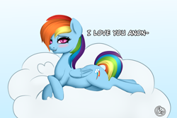 Size: 2000x1333 | Tagged: safe, artist:plaguemare, rainbow dash, pegasus, pony, g4, backwards cutie mark, blushing, bronybait, cloud, crossed legs, dialogue, drawthread, female, i love you, implied anon, looking at you, lying down, mare, offscreen character, request, smiling, smiling at you, solo, text, wings