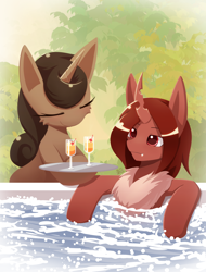 Size: 2300x3024 | Tagged: safe, artist:howxu, oc, oc only, oc:noza, oc:red flux, changeling, moth, mothling, original species, pony, unicorn, bowing, cocktail, cocktail glass, duo, high res, jacuzzi, male, red changeling, smiling, tray, water