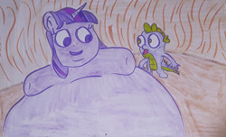 Size: 1280x779 | Tagged: safe, artist:dex stewart, spike, twilight sparkle, dragon, pony, unicorn, g4, belly, big belly, chubby cheeks, double chin, fat, huge belly, impossibly large belly, morbidly obese, obese, open mouth, twilard sparkle, wat, wtf