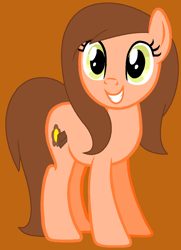 Size: 920x1274 | Tagged: safe, artist:princessdaisyofficialchannel, oc, oc:chocolate bloom, earth pony, pony, g4, earth pony oc, female, grin, looking at you, mare, orange background, pony oc, simple background, smiling, smiling at you, solo