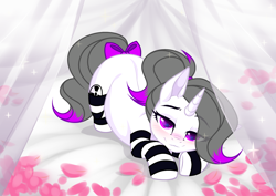 Size: 3465x2454 | Tagged: safe, alternate character, alternate version, artist:kawaiizhele, artist:sparkling_light, oc, oc only, oc:hazel radiate, pony, unicorn, base used, bed, bedroom eyes, blushing, bow, clothes, commission, commissioner:biohazard, cute, eye clipping through hair, eyebrows, eyebrows visible through hair, eyelashes, face down ass up, female, flower petals, high res, highlights, hooves, horn, looking at you, lying down, mare, petals, ponytail, simple background, smiling, smiling at you, socks, solo, striped socks, tail bow, unicorn oc, ych result