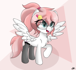 Size: 3800x3500 | Tagged: safe, artist:starmaster, oc, oc only, oc:sugar feather, pegasus, pony, abstract background, clothes, eye clipping through hair, female, glasses, high res, open mouth, raised hoof, smiling, socks, solo, spread wings, wings