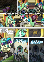 Size: 2408x3400 | Tagged: safe, artist:tarkron, bon bon, dj pon-3, lyra heartstrings, octavia melody, sweetie drops, vinyl scratch, oc, earth pony, pegasus, pony, unicorn, comic:fusing the fusions, comic:time of the fusions, g4, background pony, clothes, comic, commissioner:bigonionbean, dialogue, female, filly, foal, friendship express, high res, horn, lights out, magic, male, mare, military, mountain, negotiating, officer, power outage, rain, random pony, saddle bag, shocked, shocked expression, slam, spilled drink, stallion, storm, sudden realization, train, window, wings, writer:bigonionbean