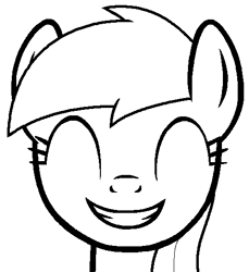 Size: 486x530 | Tagged: safe, artist:kyokinokeaseda, noi, earth pony, pony, g4, black and white, coloring page, cute, eyes closed, female, filly, grayscale, grin, lineart, monochrome, noiabetes, simple background, smiling, solo, white background