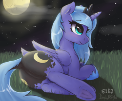 Size: 2498x2080 | Tagged: safe, alternate version, artist:dosh, princess luna, alicorn, pony, friendship is magic, g4, both cutie marks, butt, crown, cute, dock, featureless crotch, female, folded wings, frog (hoof), full moon, grass, grass field, high res, hooves, horn, jewelry, lying down, mare, moon, moonbutt, night, night sky, outdoors, plot, regalia, s1 luna, sfw version, sky, smiling, solo, stars, tail, underhoof, wings
