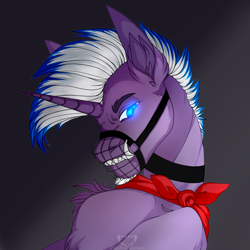 Size: 2000x2000 | Tagged: artist needed, safe, oc, oc:secret mentore, pony, unicorn, collar, fangs, high res, muzzle, neckerchief, simple background