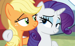 Size: 1400x866 | Tagged: safe, screencap, applejack, rarity, earth pony, pony, unicorn, best gift ever, g4, awww, best friends, cropped, cute, duo, eye contact, female, hnnng, lidded eyes, looking at each other, mare, side hug, smiling