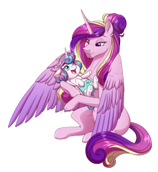 Size: 3089x3378 | Tagged: safe, artist:jack-pie, princess cadance, princess flurry heart, alicorn, pony, g4, baby, baby pony, cloth diaper, colored wings, cute, cutedance, diaper, female, filly, flurrybetes, foal, hair bun, happy, high res, mama cadence, mare, mother and child, mother and daughter, multicolored wings, open mouth, safety pin, simple background, smiling, transparent background, weapons-grade cute, wings