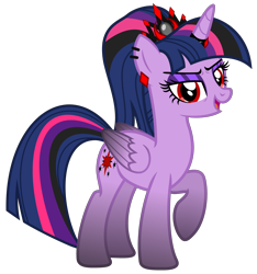 Size: 4684x4995 | Tagged: safe, artist:severity-gray, twilight sparkle, alicorn, pony, g4, altered cutie mark, alternate hairstyle, alternate timeline, alternate universe, corrupted, corrupted twilight sparkle, crown, dark magic, ear piercing, eyeshadow, horn, horn ring, jewelry, magic, makeup, piercing, ponytail, raised hoof, red eyes, regalia, ring, simple background, solo, transparent background, twilight sparkle (alicorn)