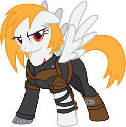 Size: 2069x2096 | Tagged: safe, artist:lightning stripe, derpibooru exclusive, oc, oc only, oc:blazen trail, pegasus, pony, g4, 2018, armor, clothes, eyelashes, fallout, female, female oc, floppy ears, high res, leather armor, mare, mare oc, orange hair, orange mane, orange tail, pony oc, red eyes, show accurate, simple background, solo, transparent background, vector
