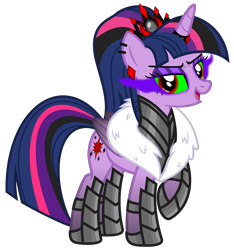 Size: 4684x4995 | Tagged: safe, alternate version, artist:severity-gray, twilight sparkle, alicorn, pony, g4, altered cutie mark, alternate hairstyle, alternate timeline, alternate universe, armor, corrupted, corrupted twilight sparkle, crown, dark magic, ear piercing, evil grin, evil twilight, eyeshadow, fur, grin, horn, horn ring, jewelry, magic, makeup, piercing, raised hoof, regalia, ring, simple background, smiling, solo, sombra eyes, transparent background, twilight sparkle (alicorn)