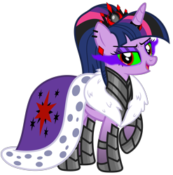 Size: 4933x5000 | Tagged: safe, alternate version, artist:severity-gray, twilight sparkle, alicorn, pony, g4, altered cutie mark, alternate hairstyle, alternate timeline, alternate universe, cape, clothes, corrupted, corrupted twilight sparkle, crown, cutie mark, cutie mark on clothes, dark magic, ear piercing, eyeshadow, horn, horn ring, jewelry, magic, makeup, piercing, raised hoof, regalia, ring, robe, simple background, solo, sombra eyes, transparent background, twilight sparkle (alicorn)