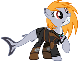 Size: 2786x2191 | Tagged: safe, artist:lightning stripe, derpibooru exclusive, oc, oc only, oc:blazen trail, hybrid, original species, pony, shark, shark pony, g4, 2021, armor, clothes, commission, cute, eyelashes, fallout, grin, high res, jewelry, leather armor, necklace, ocbetes, orange hair, orange mane, raised hoof, red eyes, shark tail, shark teeth, sharp teeth, show accurate, simple background, smiling, solo, teeth, transparent background, vector