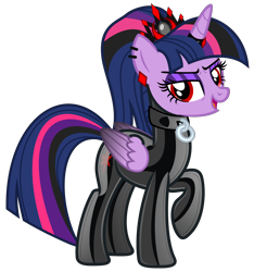 Size: 4684x4995 | Tagged: safe, alternate version, artist:severity-gray, twilight sparkle, alicorn, pony, g4, altered cutie mark, alternate hairstyle, alternate timeline, alternate universe, bodysuit, clothes, collar, collar ring, corrupted, corrupted twilight sparkle, crown, cutie mark, cutie mark on clothes, dark magic, ear piercing, eyeshadow, horn, horn ring, jewelry, latex, latex suit, looking at you, magic, makeup, piercing, raised hoof, red eyes, regalia, ring, shiny, simple background, solo, tight clothing, transparent background, twilight sparkle (alicorn)