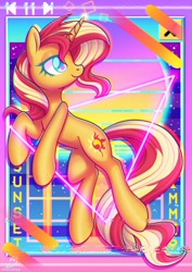 Size: 2480x3508 | Tagged: safe, artist:wavecipher, sunset shimmer, pony, unicorn, g4, high res, solo, synthwave, triangle