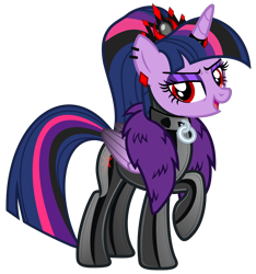 Size: 4684x4995 | Tagged: safe, alternate version, artist:severity-gray, twilight sparkle, alicorn, pony, altered cutie mark, alternate hairstyle, alternate timeline, alternate universe, bodysuit, clothes, collar, collar ring, corrupted, corrupted twilight sparkle, crown, cutie mark, cutie mark on clothes, dark magic, ear piercing, eyeshadow, feather boa, horn, horn ring, jewelry, latex, latex suit, looking at you, magic, makeup, piercing, raised hoof, red eyes, regalia, ring, shiny, simple background, solo, tight clothing, transparent background, twilight sparkle (alicorn)