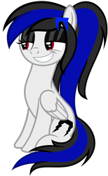 Size: 3588x5819 | Tagged: safe, artist:severity-gray, oc, oc only, oc:labys, pegasus, pony, cutie mark, eyeshadow, female, grin, hairpin, looking sideways, makeup, mare, ponytail, simple background, sitting, smiling, smug, smug face, solo, transparent background, wings