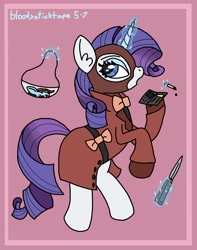Size: 2536x3211 | Tagged: safe, artist:bloodysticktape, rarity, pony, unicorn, g4, balaclava, bow, butterfly knife, cigarette, clothes, crossover, glowing horn, high res, horn, levitation, magic, makeup kit, mask, rarispy, spy, spy (tf2), team fortress 2, telekinesis, trenchcoat