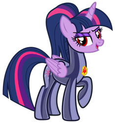 Size: 4684x4995 | Tagged: safe, alternate version, artist:severity-gray, twilight sparkle, alicorn, pony, g4, absurd resolution, alternate hairstyle, cutie mark, dinaranger, eyeshadow, female, latex, latex suit, living latex, living suit, looking at you, makeup, mare, mind control, raised hoof, red eyes, rubber, simple background, solo, transparent background, twilight sparkle (alicorn), wings, zofa