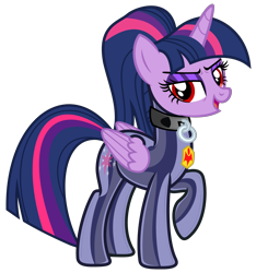 Size: 4684x4995 | Tagged: safe, alternate version, artist:severity-gray, twilight sparkle, alicorn, pony, g4, absurd resolution, alternate hairstyle, collar, cutie mark, dinaranger, eyeshadow, female, latex, latex suit, living latex, living suit, looking at you, makeup, mare, mind control, raised hoof, red eyes, rubber, simple background, solo, transparent background, twilight sparkle (alicorn), wings, zofa