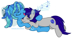 Size: 1200x658 | Tagged: safe, artist:jennieoo, oc, oc:maverick, oc:ocean soul, earth pony, pegasus, pony, couple, crying, cuddling, duo, female, happy, hug, lovers, lying down, male, show accurate, simple background, singing, soulverick, stallion, tears of joy, teary eyes, transparent background, vector, water mane
