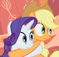 Size: 413x402 | Tagged: safe, screencap, applejack, rarity, earth pony, pony, unicorn, g4, look before you sleep, season 1, animated, blinking, duo, eye contact, female, gif, golden oaks library, hug, looking at each other, loop, mare