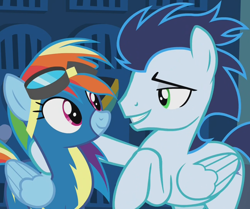 Size: 1292x1080 | Tagged: safe, screencap, rainbow dash, soarin', pegasus, pony, g4, grannies gone wild, season 8, bedroom eyes, clothes, cropped, eye contact, female, goggles, looking at each other, male, mare, raised hoof, shipping fuel, smiling, stallion, uniform, wonderbolts uniform
