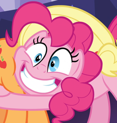 Size: 982x1035 | Tagged: safe, screencap, applejack, pinkie pie, earth pony, pony, g4, season 7, shadow play, applebutt, butt, butt touch, butthug, context is for the weak, cropped, faceful of ass, faic, female, fetish fuel, grin, hug, mare, out of context, pinkie hugging applejack's butt, smiling, solo focus