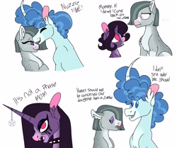 Size: 3287x2752 | Tagged: safe, artist:dodiejinx, marble pie, party favor, oc, oc:amethyst glitterdream, earth pony, pony, unicorn, g4, ..., choker, crack ship offspring, crack shipping, ear fluff, female, filly, goth, high res, it's not a phase, male, marblefavor, mare, mother and child, mother and daughter, no pupils, nuzzling, offspring, parent:marble pie, parent:party favor, shipping, short hair, simple background, spiked choker, stallion, straight, white background