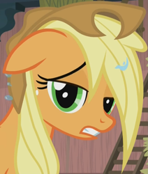 Size: 861x1015 | Tagged: safe, screencap, applejack, earth pony, pony, appleoosa's most wanted, applejack's hat, cowboy hat, cropped, female, floppy ears, hat, lidded eyes, looking at you, mare, out of context, sexy, solo, stupid sexy applejack, teeth, wet, wet mane, wet mane applejack