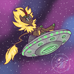 Size: 1000x1000 | Tagged: safe, artist:jbcblanks, oc, oc only, kirin, blond, brown, commission, cute, gold, green, kirin oc, sitting, sketch, smiling, solo, space, spaceship, ufo, yellow