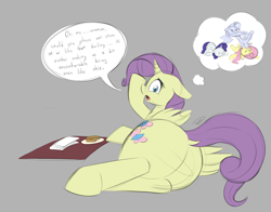 Size: 2390x1878 | Tagged: safe, artist:taurson, fluttershy, rarity, oc, oc:charitable nature, ghost, ghost pony, pegasus, pony, undead, unicorn, g4, butt, commissioner:bigonionbean, cutie mark, dandelion, dialogue, embarrassed, extra thicc, female, flank, food, fusion, fusion:fluttershy, fusion:rarity, horn, large butt, mare, plot, sandwich, sketch, thought bubble, towel, unconscious, wings, writer:bigonionbean
