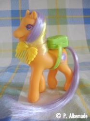 Size: 714x955 | Tagged: safe, photographer:yum-yum, glittery study, pony, g2, backpack, comb, irl, photo, purse ponies, solo