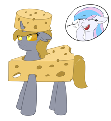 Size: 2139x2346 | Tagged: safe, artist:eyeburn, oc, oc only, oc:changeling derpy, oc:starburn, changeling, pony, changeling oc, cheese, cheese hat, food, hat, high res, offscreen character, unamused
