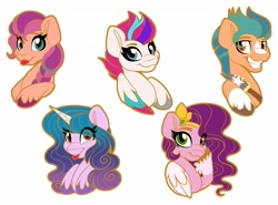 Size: 3540x2621 | Tagged: safe, artist:missbramblemele, hitch trailblazer, izzy moonbow, pipp petals, sunny starscout, zipp storm, earth pony, pegasus, pony, unicorn, g5, :p, adorapipp, adorazipp, blaze (coat marking), blue eyes, braid, bust, coat markings, colored wings, cute, eye clipping through hair, eyebrows, eyelashes, facial markings, female, green eyes, grin, high res, hoof fluff, hoof on cheek, horseshoes, izzybetes, looking at you, male, mane five (g5), mare, markings, multicolored hair, multicolored wings, pink eyes, raised hoof, sash, simple background, smiling, socks (coat markings), stallion, stars, sunnybetes, teeth, tongue out, unshorn fetlocks, wall of tags, white background, wings, yellow eyes