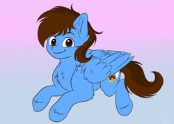 Size: 800x571 | Tagged: safe, artist:zobaloba, oc, oc only, oc:pegasusgamer, pegasus, pony, chest fluff, ear fluff, fluffy, happy, hoof fluff, looking at you, simple background, wing fluff, wings