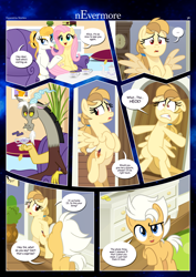 Size: 3259x4607 | Tagged: safe, artist:estories, discord, fluttershy, oc, oc:alice goldenfeather, oc:comet, oc:fable, draconequus, earth pony, pegasus, phoenix, pony, comic:nevermore, g4, colt, comic, couch, cup, cushion, drawer, duo, embarrassed, female, floppy ears, flying, gritted teeth, male, mare, open mouth, plant, shocked, sitting, speech bubble, tea kettle, teacup, teeth
