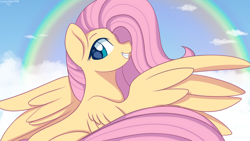 Size: 3840x2160 | Tagged: safe, artist:cottonaime, fluttershy, pegasus, pony, g4, 4k, cloud, female, gritted teeth, high res, looking at you, mare, outdoors, rainbow, sky background, smiling, solo, spread wings, wings