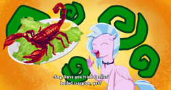 Size: 4096x2160 | Tagged: safe, artist:chiptunebrony, silverstream, classical hippogriff, hippogriff, scorpion, g4, accessory, anime, cute, diastreamies, eyes closed, fake screencap, female, food, funny, high res, irl, jewelry, lemon, lettuce, meat, necklace, omnivore, open smile, photo, platter, pointing, red shell, seafood, subtitles, wtf